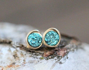 Druzy Gold Studs , Tiny Gemstone Earrings , Gold , Sterling Silver , Rose Gold , Blue Green Teal , Wire Wrapped Minimalist Jewelry - Micro