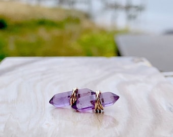 Amethyst Stud Earrings, Gold Crystal Point, February Birthstone Gifts, Rose, .925 Sterling Silver, Dainty Bohemian Jewelry - Crest