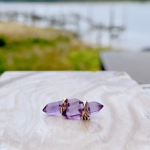 Amethyst Stud Earrings, Gold Crystal Point, February Birthstone Gifts, Rose, .925 Sterling Silver, Dainty Bohemian Jewelry - Crest