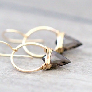 Smoky Quartz Arrowhead Hoops, Bohemian Triangle Earrings - Albatross