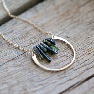 Rohe Turmalin Anhänger Halskette, Kristall Edelstein Stick, Gold, Rose, Sterling Silber, Unikat