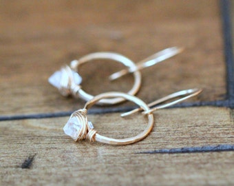 Herkimer Diamond Earrings , Dangle Hoops Gold , Rose Gold , Sterling Silver , Quartz Crystal Points - As Seen On The Small Things Blog