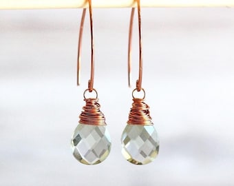 Green Amethyst Earrings, Large Prasiolite Gemstone Charm, Gold Rose or Silver, Open Hoop