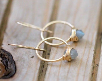 Labradorite Hammered Hoops, 14K Gold Dangle Earrings, Rose Gold Filled, Sterling Silver, Wire Wrapped Modern Bohemian - Pike