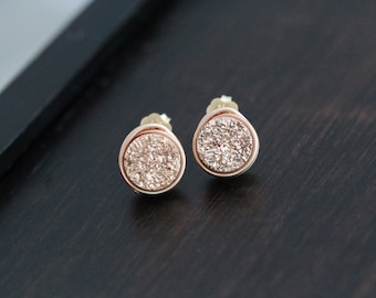 Druzy Studs, Rose Gold Druzy Stud Earrings, Modern Minimalist Stud, Genuine Druzy Quartz, Raw Stone Jewelry, Bezel Studs