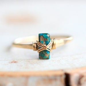 Turquoise Gold Ring , Dainty Bar Baguette Wire Wrapped , Copper Turquoise Modern Boho Jewelry , Rose Gold, Sterling Silver