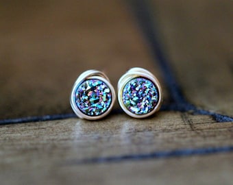 Druzy Earrings, Tiny Druzy Studs, Green Druzy Earrings, Small Stud Earrings, Rainbow Stone, Gold Filled, Rose, Sterling Silver - Sea Farer