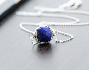 Lapis Lazuli Necklace,  Silver Gemstone Choker, Genuine Sterling Jewelry, Bezel Wrapped Floating Pendant, Square Stone