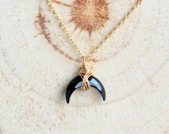Crescent Moon Phase Necklace ,  Upside Down Black Agate Horn Pendant , Gold , Rose , Silver , Boho Necklace Gifts Under 50  - Moonbeam