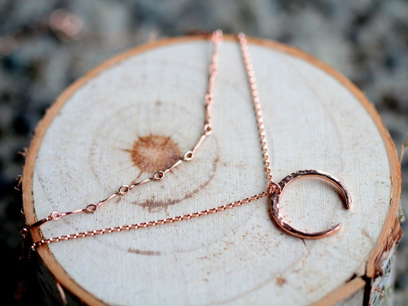 Crescent Moon Necklace, Tusk Necklace, Celestial Half Moon Necklace, Gold, Rose Gold, Sterling Silver, Open Hoop Tilt image 8