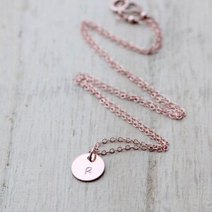 Rose Gold Initial Necklace , Hand Stamped Letter Charm Disc Layering Necklace , Dainty Everyday Jewelry , Personalized Circle image 5