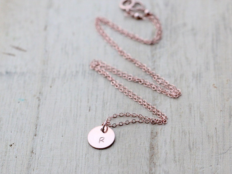 Rose Gold Initial Necklace , Hand Stamped Letter Charm Disc Layering Necklace , Dainty Everyday Jewelry , Personalized Circle image 5