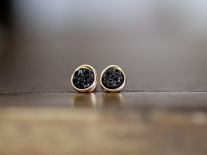 Small Druzy Studs, Druzy Stud Earrings, Black Tiny Post Earrings Gold Rose Sterling Silver, Minimalist Jewelry Gifts Eclipse image 1