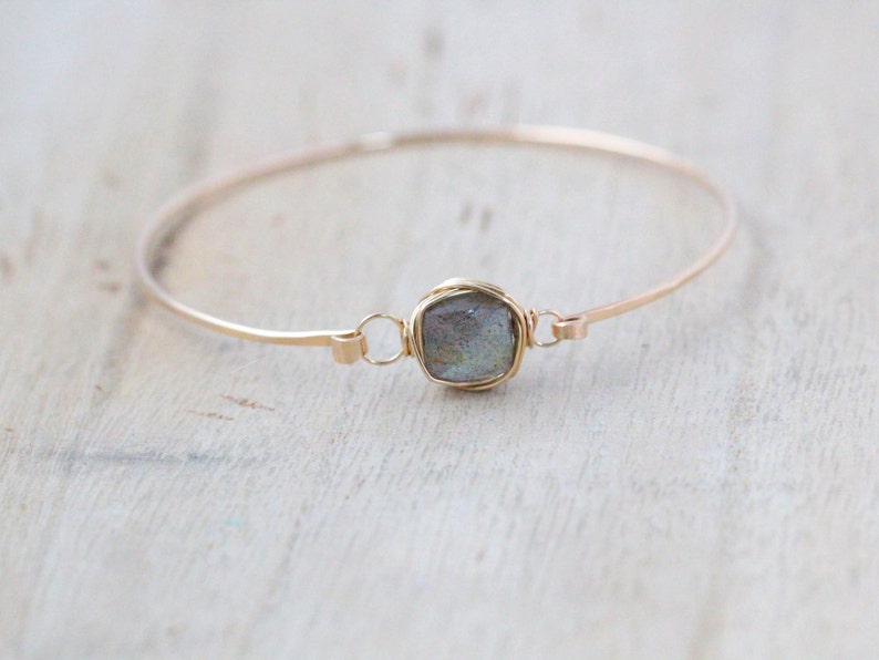 Labradorite Gold Bracelet , Bezel Wrapped , 14K Gold Filled Bangle , Sterling Silver , Rose, Thin Hammered, Square Gemstone image 1