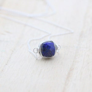 Lapis Lazuli Necklace, Silver Gemstone Choker, Genuine Sterling Jewelry, Bezel Wrapped Floating Pendant, Square Stone image 5