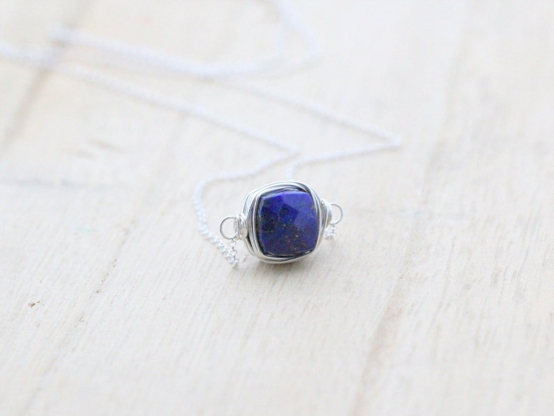 Lapis Lazuli Necklace, Silver Gemstone Choker, Genuine Sterling Jewelry, Bezel Wrapped Floating Pendant, Square Stone image 5