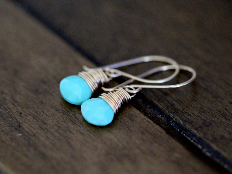 Turquoise Earrings , Genuine Gemstone Dangle Earrings , Sterling Silver Gold or Rose Gold Wire Wrapped Drop Earrings , December Birthstone image 2