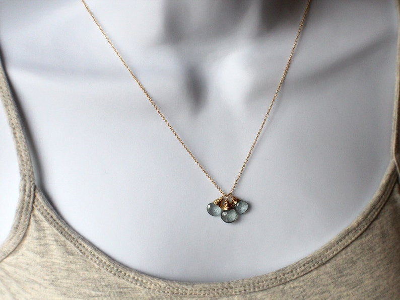 Moss Aquamarine Necklace , March Birthstone Trio Drop Charm Necklace In 14K Gold Filled , Wrapped Gemstone Necklace image 6