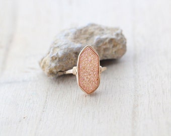 Druzy Hexagon Gold Ring , Peach Statement Gemstone Ring , Sterling Silver , Rose Gold , Christmas Gift Ideas - Clementine