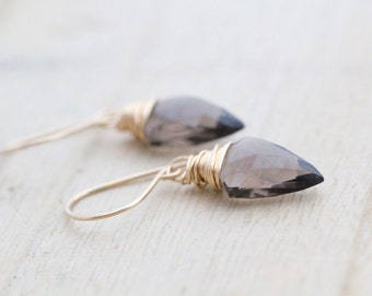 Quartz Dangle Earrings , Arrowhead Gemstone , Smokey Crystal or Teal Drop , Gold , Rose , Silver , Smoky Quartz , Boho Fashion - Arrow