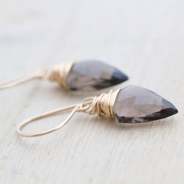 Quartz Dangle Earrings , Arrowhead Gemstone , Smokey Crystal or Teal Drop , Gold , Rose , Silver , Smoky Quartz , Boho Fashion - Arrow