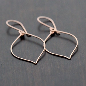 Rose Gold Hoop Earrings, Bohemian Leaf Hoops, Hammered Thin Lightweight, Medium Size