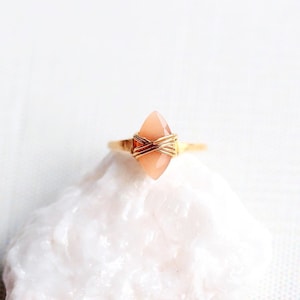 Moonstone Ring in Gold , Pointed Crystal Jewelry , Peach Moonstone , Rose Gold , Sterling Silver , Marquis Stacking Caged