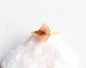 Moonstone Ring in Gold , Pointed Crystal Jewelry , Peach Moonstone , Rose Gold , Sterling Silver , Marquis Stacking Caged