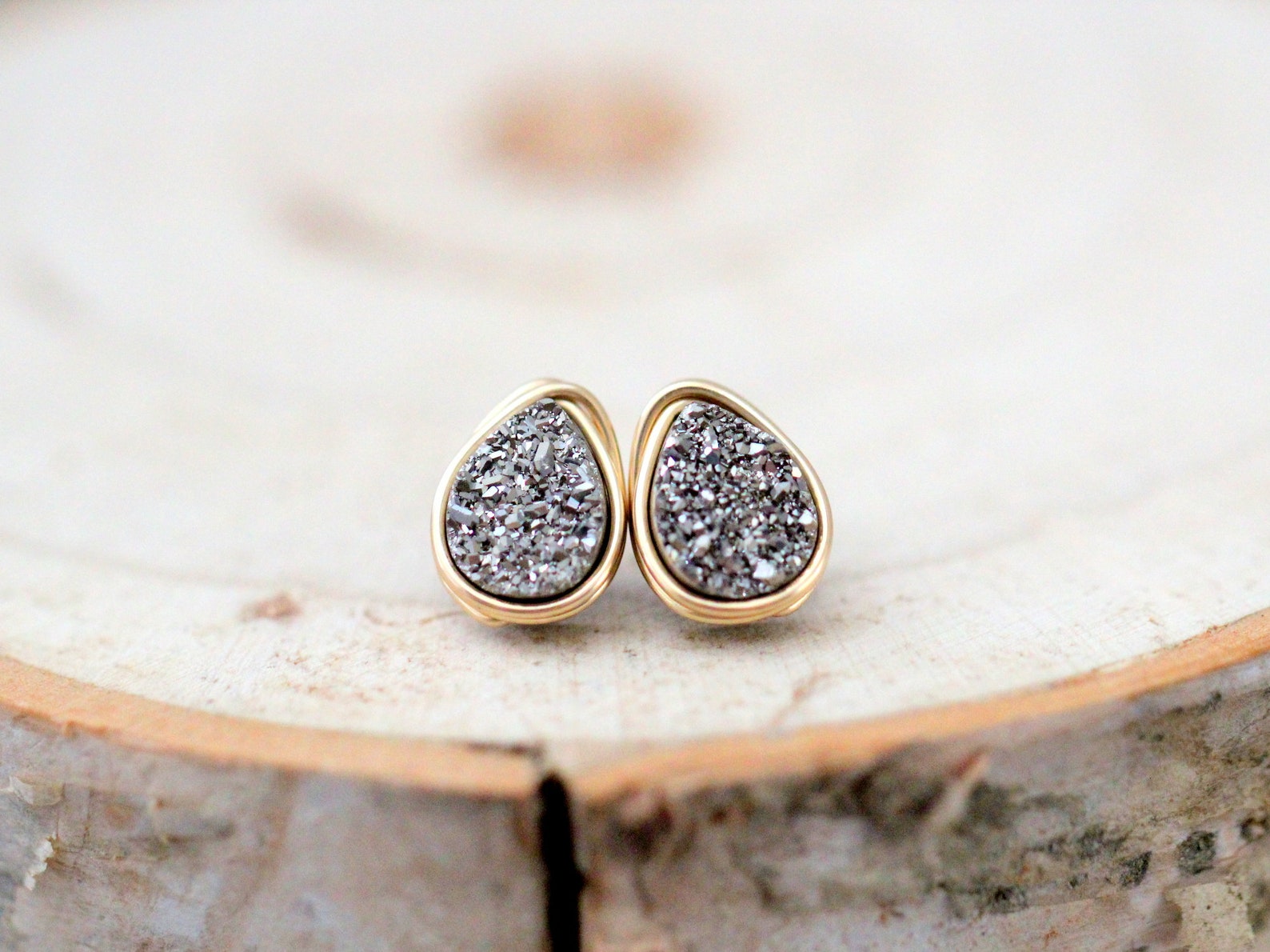Teardrop Stud Earrings, Silver Druzy Studs, Sterling Silver, Gold ...
