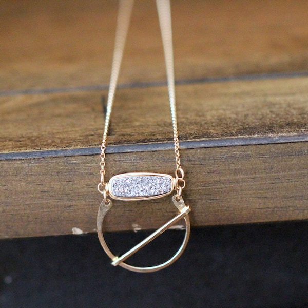 Druzy Pendant Necklace , Gold Hoop Bar , Modern Layering Necklace , Rose Gold , Sterling Silver - Orbit  ( As Seen On The Vampire Diaries )