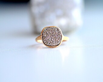 Druzy Gold Ring, Square Statement Crystal Jewelry, Rose, Sterling Silver, Wire Wrapped Boho - Platinum