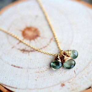 Moss Aquamarine Necklace , March Birthstone Trio Drop Charm Necklace In 14K Gold Filled , Wrapped Gemstone Necklace image 3