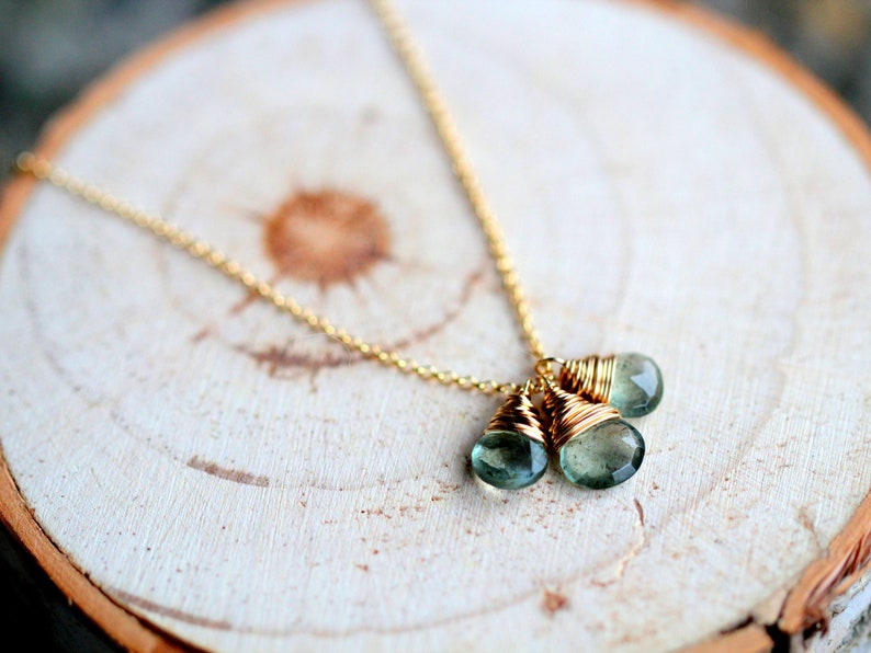 Moss Aquamarine Necklace , March Birthstone Trio Drop Charm Necklace In 14K Gold Filled , Wrapped Gemstone Necklace image 3