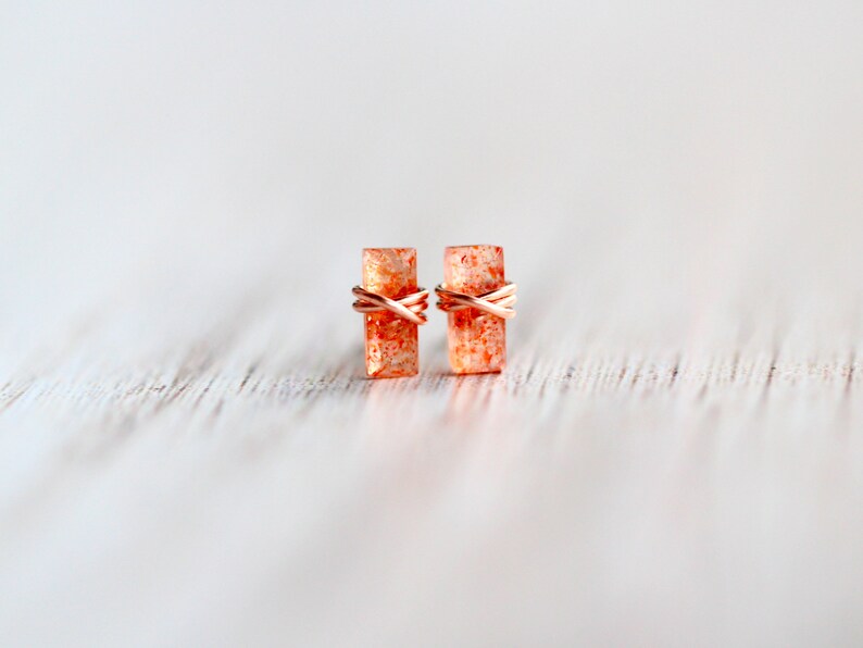 Sunstone Stud Earrings, Baguette Jewelry Gold Tiny Studs, Rose , Sterling Silver, 14k Solid Gold Rectangle Minimalist image 4