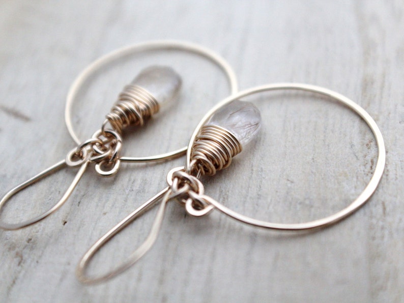 Rutilated Quartz Earrings , Gold Filled Dangle Gemstone Hoops, Rose Gold, Sterling Silver, Hammered Jewelry Angel Face image 4