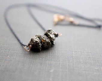 Raw Pyrite Nugget Necklace, Pyrite Bar Mixed Metal Jewelry, Oxidized 925 Sterling Silver, 14k Gold Fill, Stacking Choker  - Argonaut