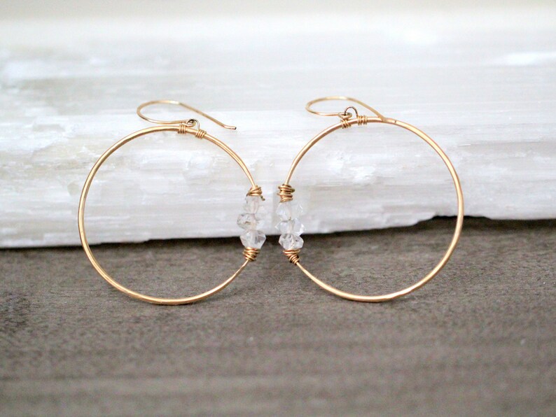 Herkimer Diamond Hoop Earrings, April Birthstone Gold Hoops, Rose Gold, Sterling Silver, Beaded Jewelry, Crystal Statement Earrings Gemini image 7