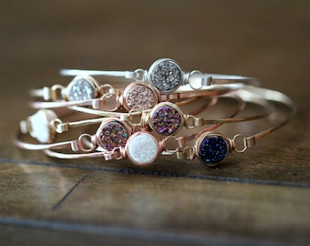 Druzy Stacking Bracelets , Bezel Wrapped Gemstone Bangle in Silver Gold or Rose Gold , Stackable Gift Ideas