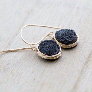 Black Druzy Dangle Earrings , Oval Drop Gemstone Bezel Earrings , Gold , Rose Gold , Silver , Modern Wire Wrapped Jewelry image 4