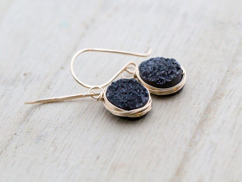 Black Druzy Dangle Earrings , Oval Drop Gemstone Bezel Earrings , Gold , Rose Gold , Silver , Modern Wire Wrapped Jewelry image 4