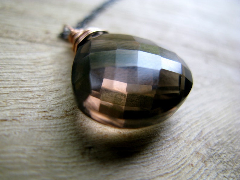 Smoky Quartz Mixed Metal Necklace, Large Smokey Gemstone Pendant, Oxidized Sterling Silver, 14k Rose Gold Filled, Long Chain image 4