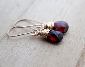 Garnet Dangle Earrings , Gold Genuine Natural Gemstone January Birthstone Drop Earrings ,  Wrapped Garnet , Valentines Day Gift