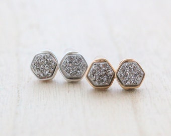 Druzy Stud Earrings, Hexagon Bezel Gold Studs, Rose, Sterling Silver, Geometric Raw Crystal Jewelry, Boho Gifts