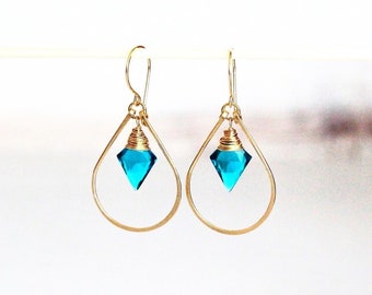 Arrowhead Hoop Earrings , Rose Gold , Gold , Sterling Silver ,  Dangle Hoops , Teal Quartz Gemstone Boho Earrings - Arrow