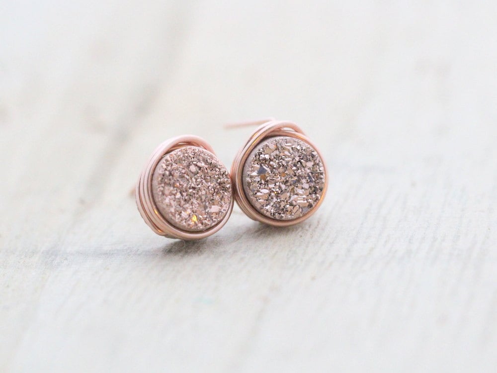 Druzy Studs Rose Gold Druzy Stud Earrings Modern Minimalist | Etsy