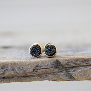 Small Druzy Studs, Druzy Stud Earrings, Black Tiny Post Earrings Gold Rose Sterling Silver, Minimalist Jewelry Gifts Eclipse image 2