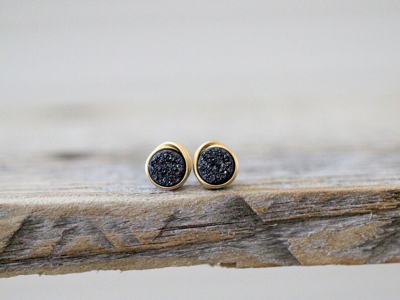 Small Druzy Studs, Druzy Stud Earrings, Black Tiny Post Earrings Gold Rose Sterling Silver, Minimalist Jewelry Gifts Eclipse image 2