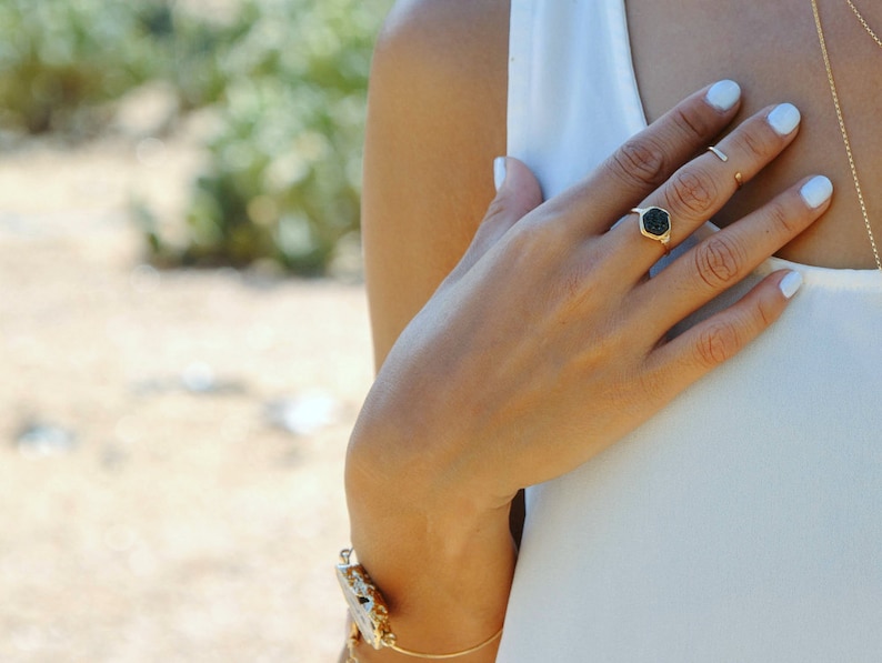 Hexagon Druzy Ring , Black Stacking Gemstone Bezel Wrapped Ring in Silver , Gold , Rose , Geometric Raw Crystal Ring Eclipse image 2