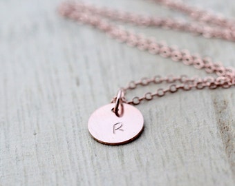 Rose Gold Initial Necklace , Hand Stamped Letter Charm Disc Layering Necklace , Dainty Everyday Jewelry , Personalized Circle