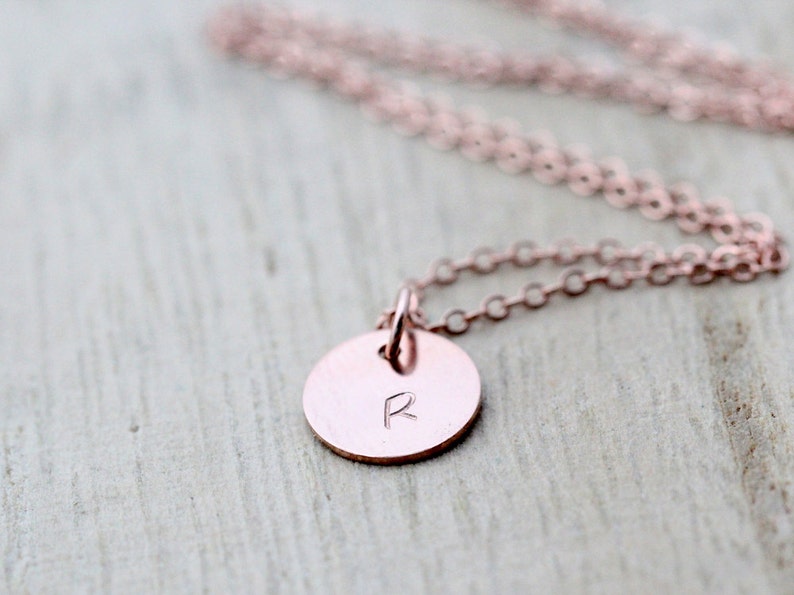 Rose Gold Initial Necklace , Hand Stamped Letter Charm Disc Layering Necklace , Dainty Everyday Jewelry , Personalized Circle image 1